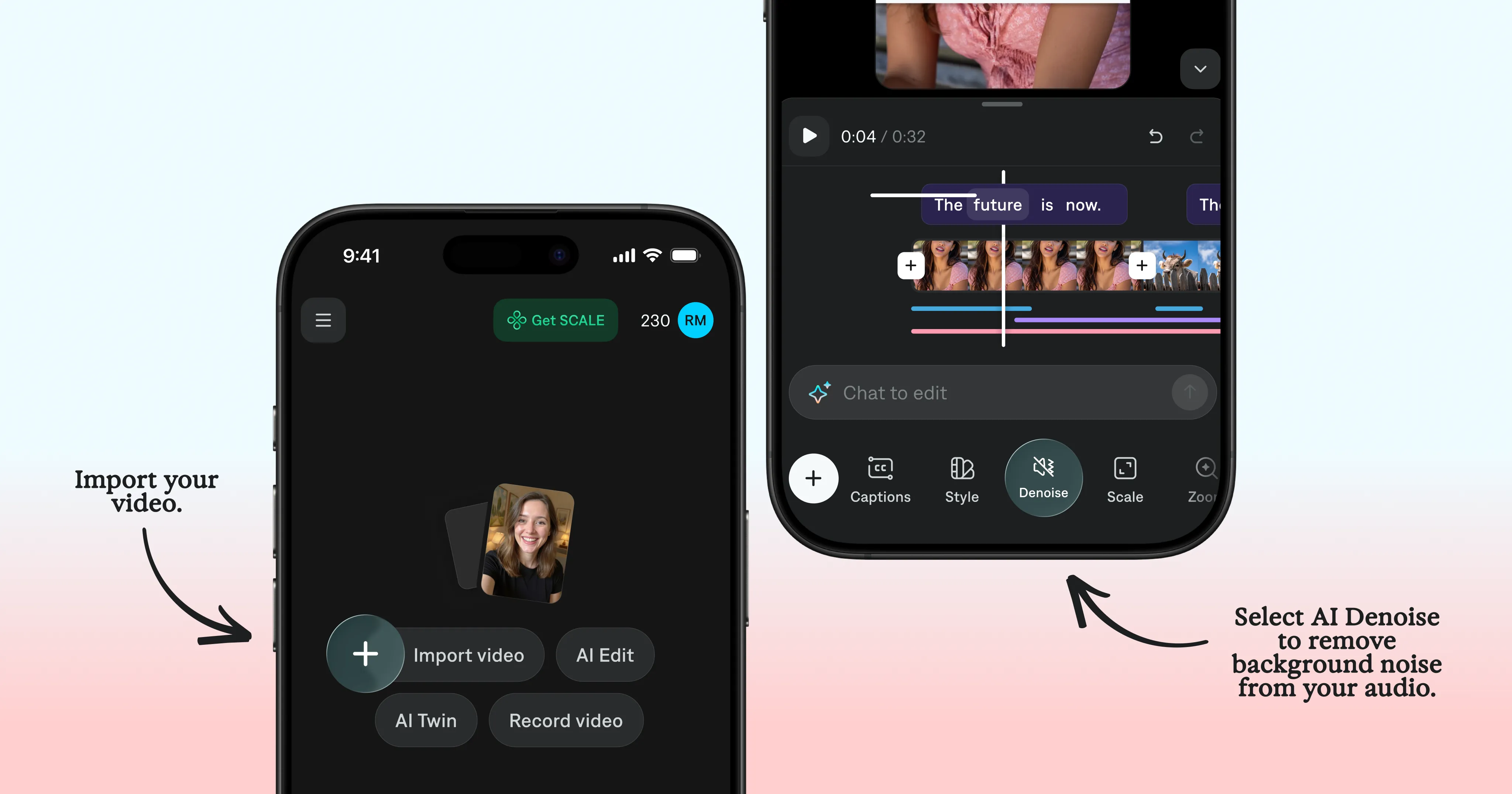 Mobile AI video editor interface showing video import options and AI denoise feature for improving audio quality.