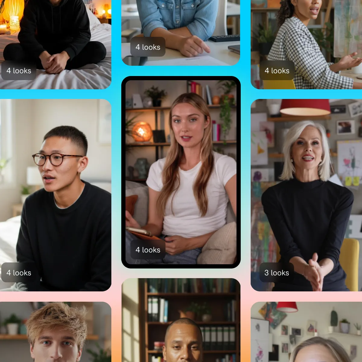 Grid of AI avatars in various settings with text overlays showing number of looks available for each person.