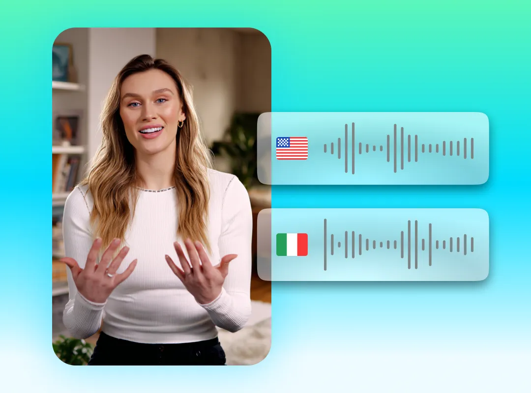 Woman speaking with audio waveforms showing American and Italian flag translations on turquoise background.