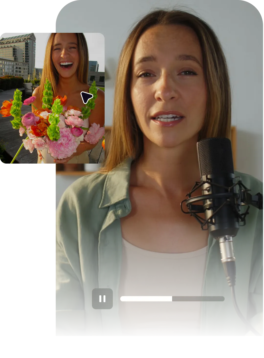 Selfie of a person holding flowers transformed into an avatar video of them speaking into a microphone.