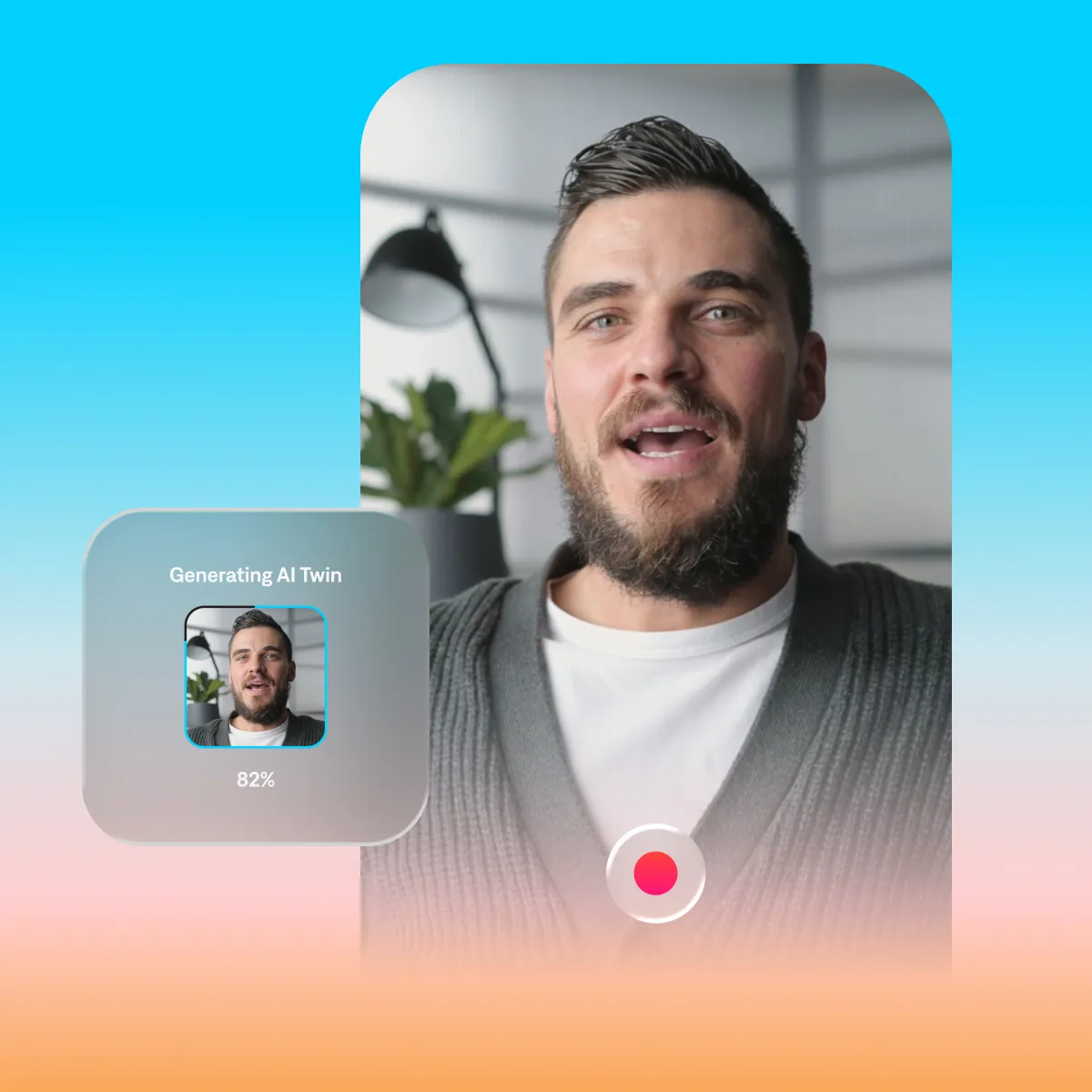 Man recording a video of himself with AI twin generation progress indicator showing 82% complete on colorful gradient background.
