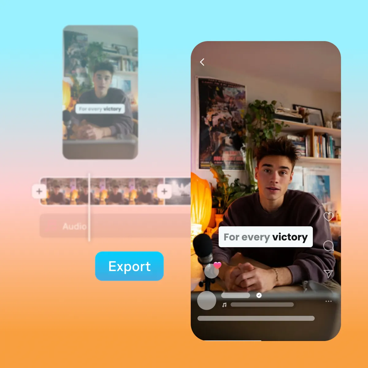 Video editing interface showing a young man in a room with plants and shelves, with text overlay reading "For every victory"