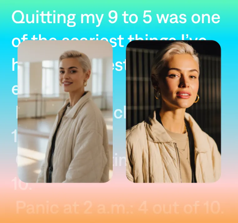 Two photos of a blonde woman in beige jacket on gradient background with text behind them.