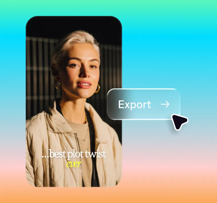 Woman with blonde hair in beige jacket on phone screen with Export button and text reading best plot twist ever