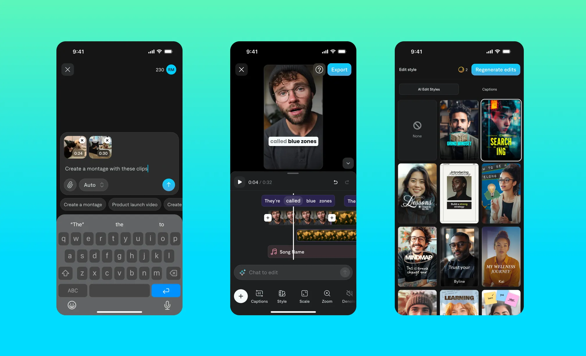 Three mobile phone screens showing a video editing app interface with clip selection, preview, and style templates on turquoise background.
