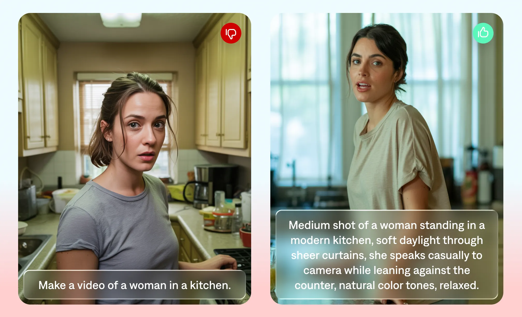 Examples of bad and good video prompts, showing that detail is important
