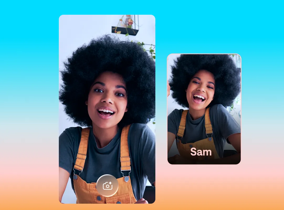 Smiling person wearing brown overalls taking a selfie, with a smaller profile photo labeled Sam on the right