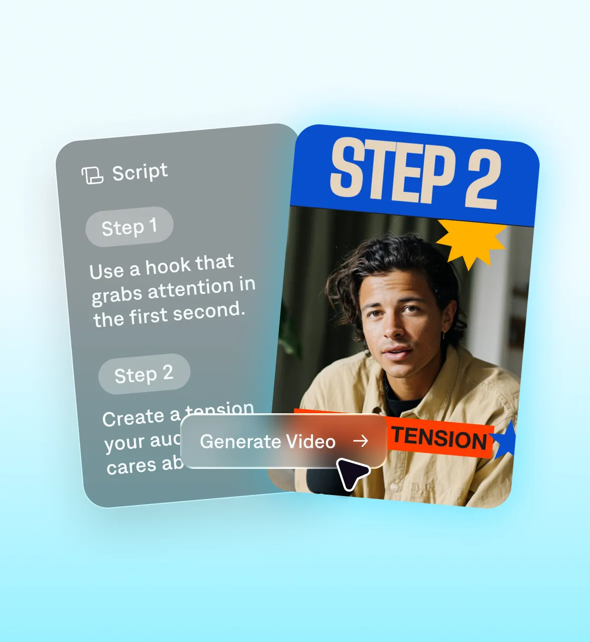 AI video generator creating scripted content with step by step guidance and a creator on screen.