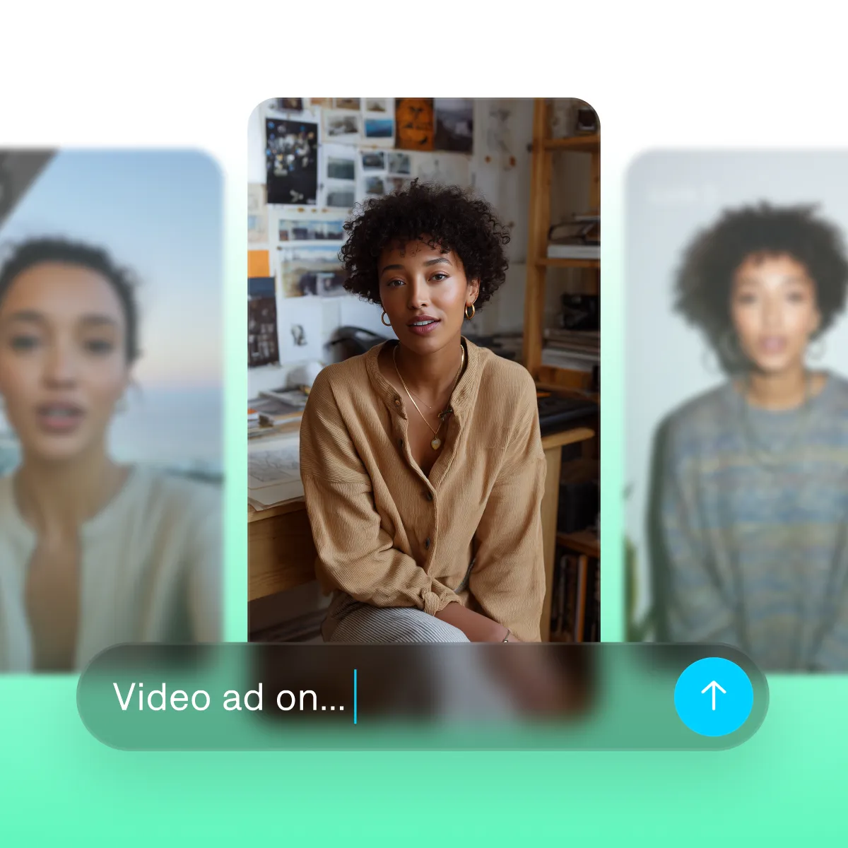 Image showing a creator portrait video thumbnail centered on screen with blurred video previews on both sides and a text input field labeled “Video ad on…” at the bottom on a gradient background.