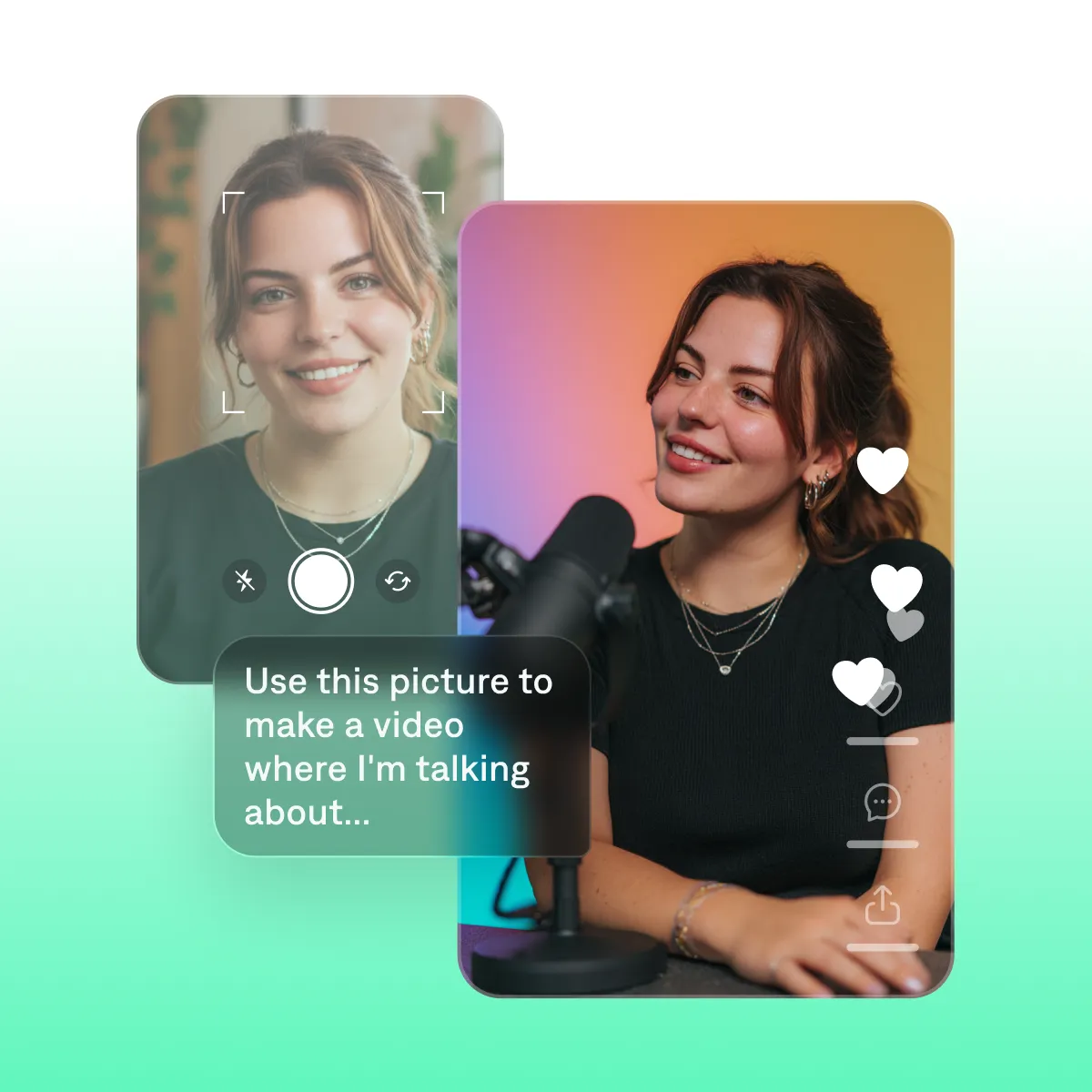 Two overlapping smartphone screens showing a woman creating video content, with text overlay about making a talking video.